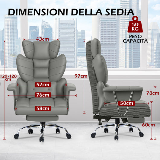 Sedia da ufficio con Poggiapiedi Telescopico - RATTANTREE - Sedia Presidenziale da Ufficio Poltrona - Pelle PU - Grigio