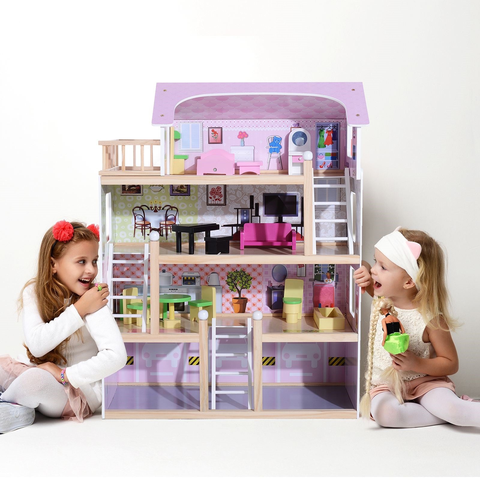 Easycomfort Casa delle Bambole per Bambini 3+ Anni in Legno di Pino e MDF a 4 Piani con 13 Accessori, Rosa, 60x30x80 cm