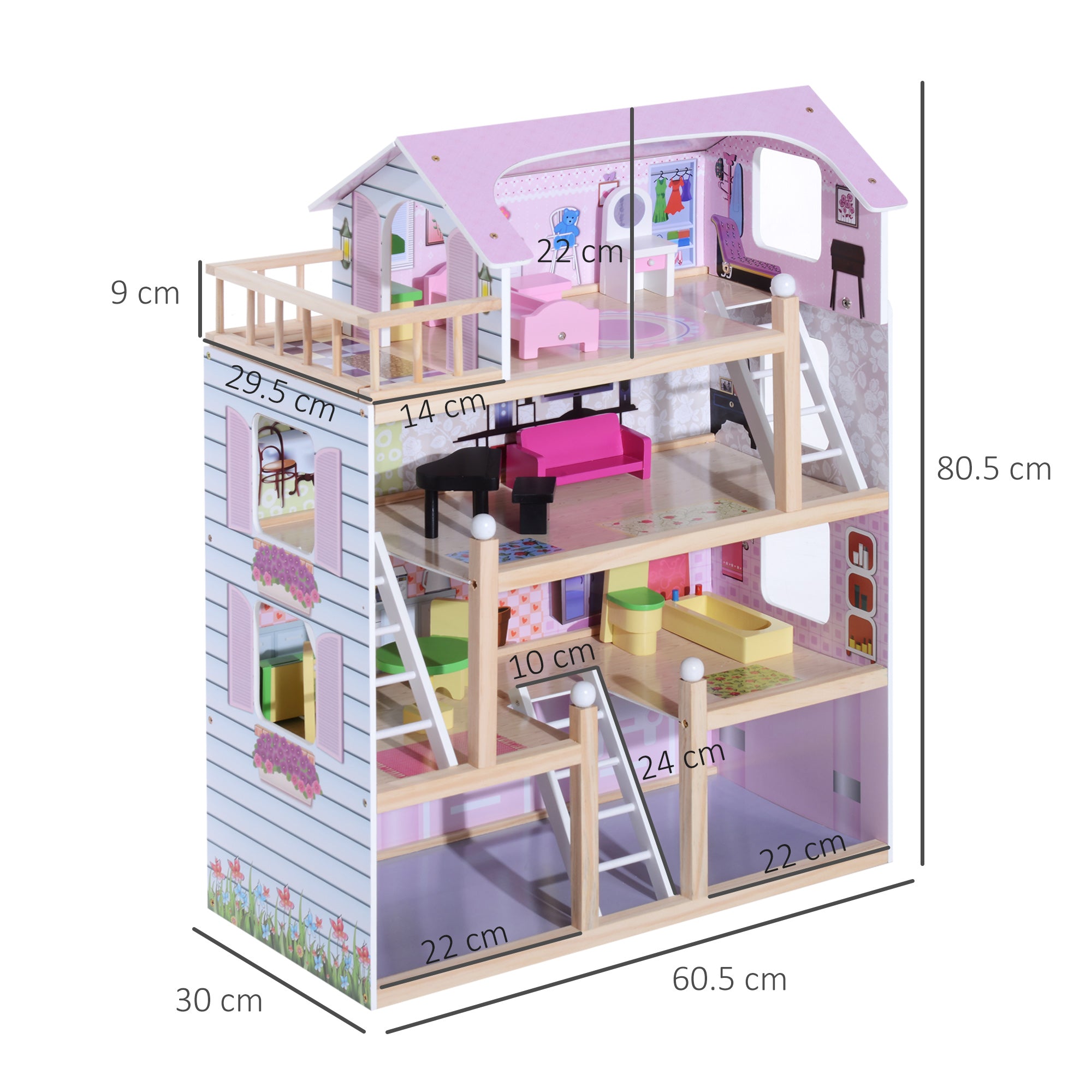 Easycomfort Casa delle Bambole per Bambini 3+ Anni in Legno di Pino e MDF a 4 Piani con 13 Accessori, Rosa, 60x30x80 cm
