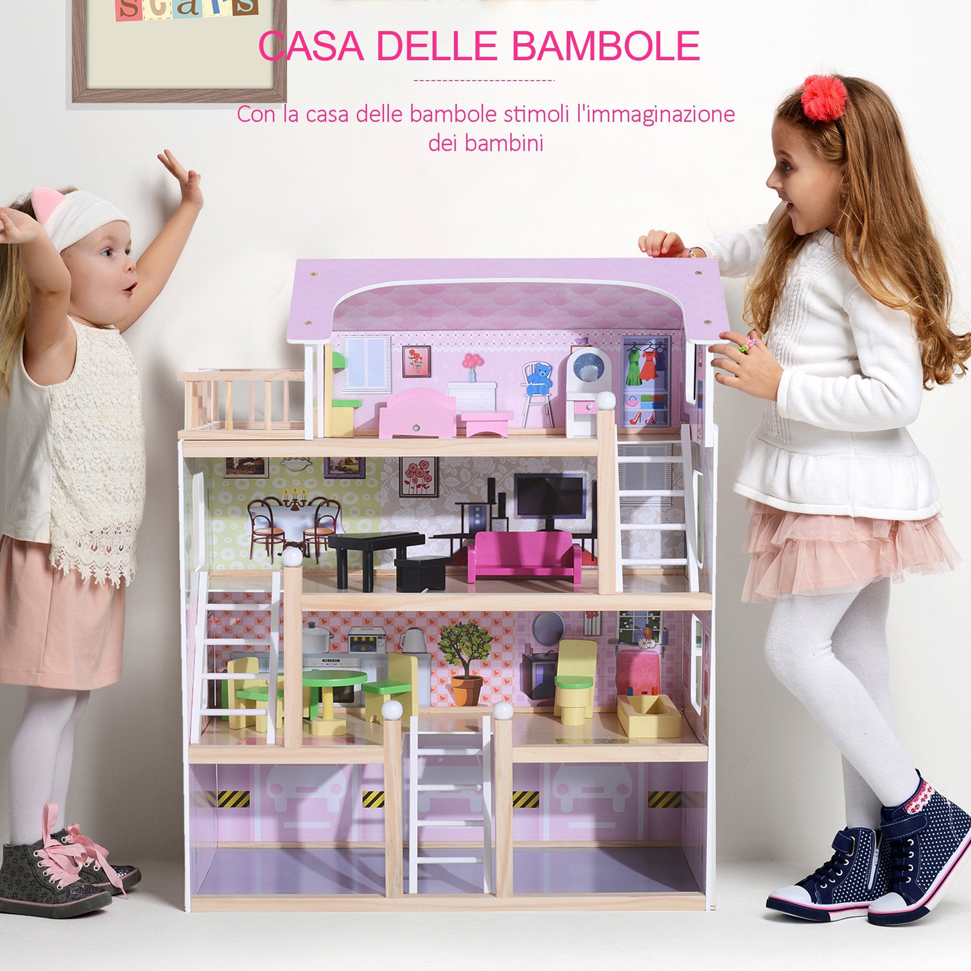 Easycomfort Casa delle Bambole per Bambini 3+ Anni in Legno di Pino e MDF a 4 Piani con 13 Accessori, Rosa, 60x30x80 cm