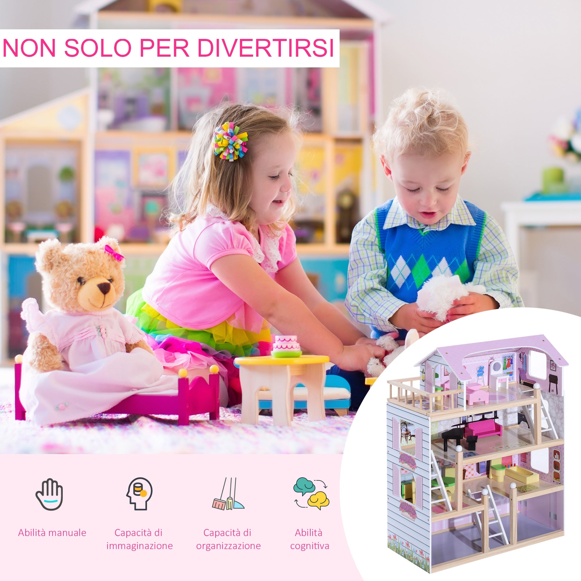 Easycomfort Casa delle Bambole per Bambini 3+ Anni in Legno di Pino e MDF a 4 Piani con 13 Accessori, Rosa, 60x30x80 cm