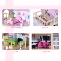 Easycomfort Casa delle Bambole per Bambini 3+ Anni in Legno di Pino e MDF a 4 Piani con 13 Accessori, Rosa, 60x30x80 cm