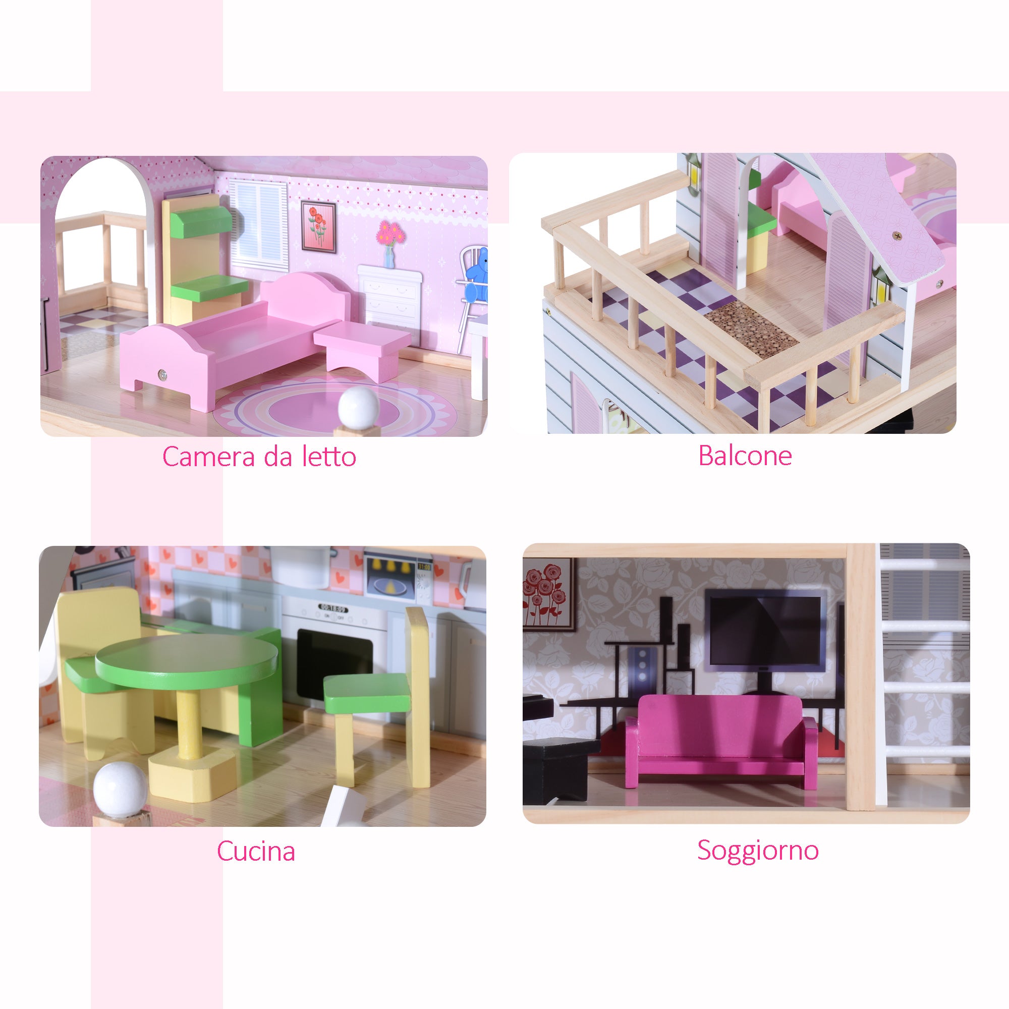 Easycomfort Casa delle Bambole per Bambini 3+ Anni in Legno di Pino e MDF a 4 Piani con 13 Accessori, Rosa, 60x30x80 cm