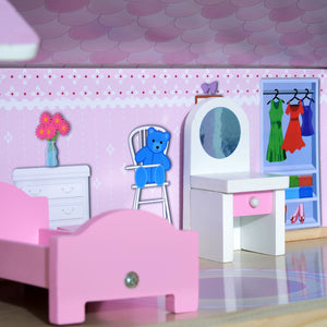 Easycomfort Casa delle Bambole per Bambini 3+ Anni in Legno di Pino e MDF a 4 Piani con 13 Accessori, Rosa, 60x30x80 cm