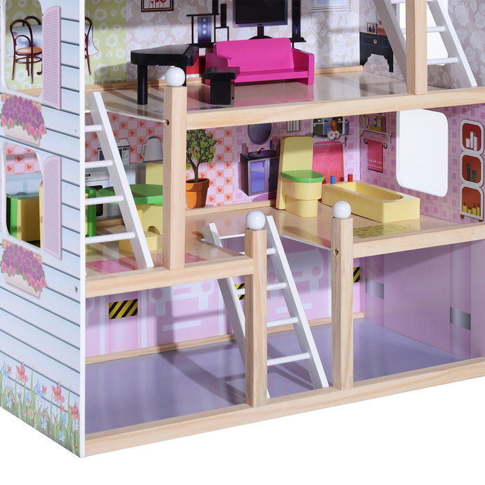 Easycomfort Casa delle Bambole per Bambini 3+ Anni in Legno di Pino e MDF a 4 Piani con 13 Accessori, Rosa, 60x30x80 cm