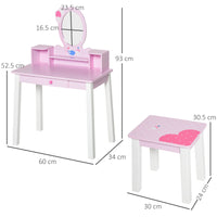 Easycomfort Toeletta per Bambine +3 Anni in Legno, Set Tavolo da Trucco Giocattolo con Specchio e Sgabello, Rosa