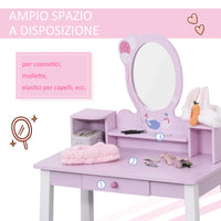 Easycomfort Toeletta per Bambine +3 Anni in Legno, Set Tavolo da Trucco Giocattolo con Specchio e Sgabello, Rosa