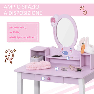 Easycomfort Toeletta per Bambine +3 Anni in Legno, Set Tavolo da Trucco Giocattolo con Specchio e Sgabello, Rosa