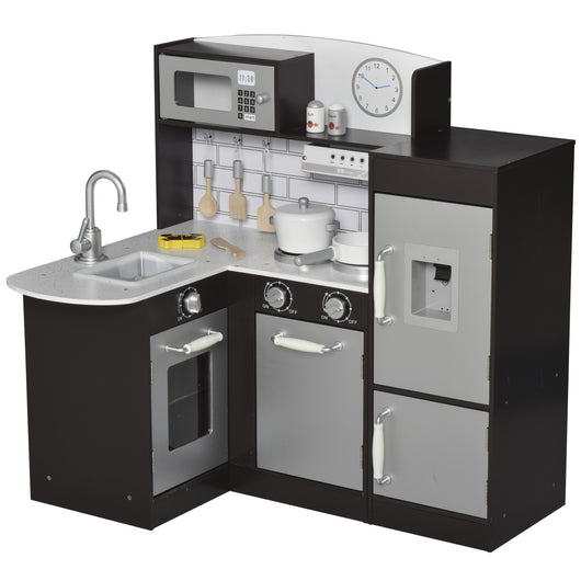 Easycomfort Cucina Giocattolo per Bambini in Legno con 14 Accessori, Forno, Lavandino, Frigo e Microonde, Età 3+ Anni, 86x64x84.5cm, Argento e Marrone