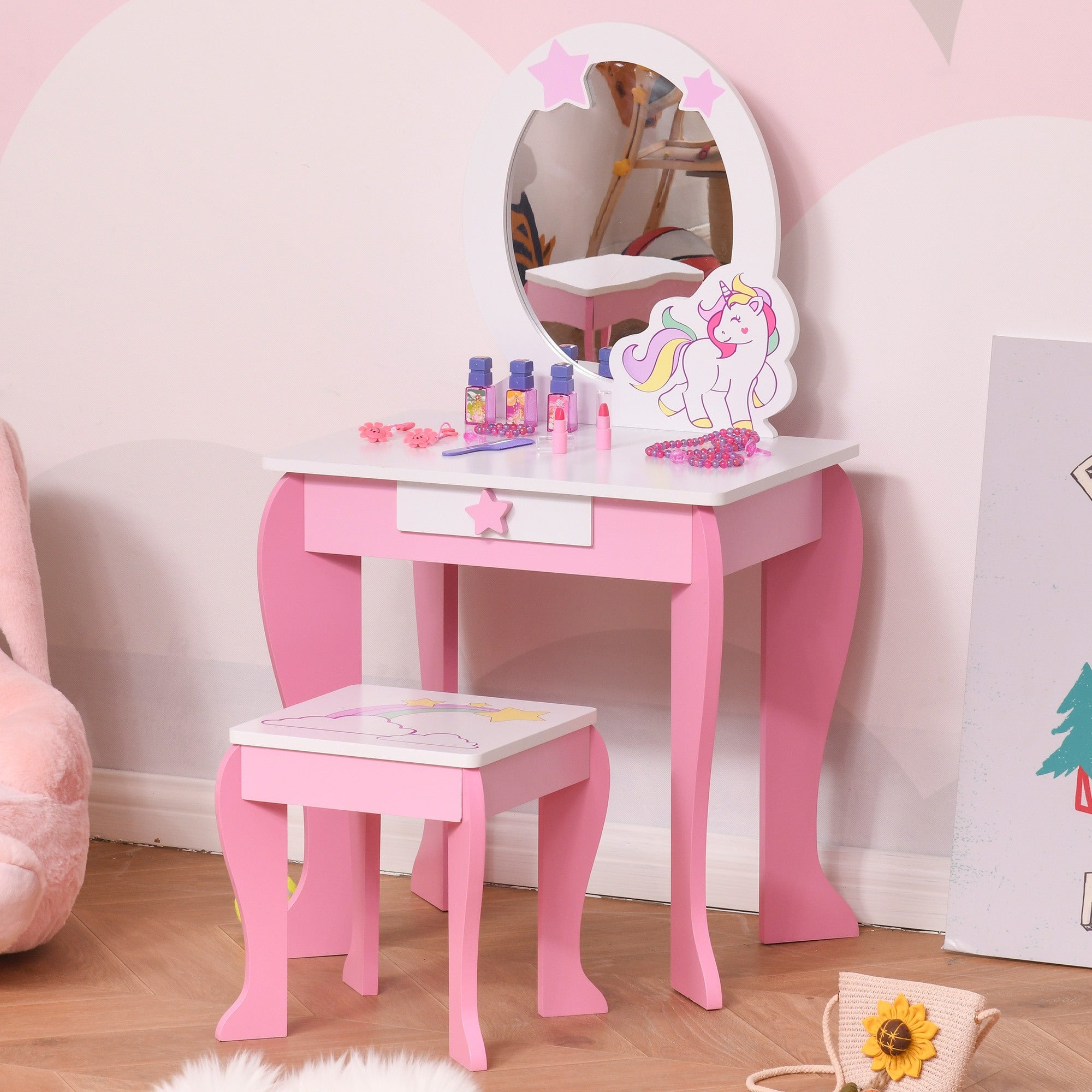 Easycomfort Specchiera Giocattolo Toeletta con Cassetto e Sgabello in Legno, Giochi per Bambine 3-6 Anni Rosa e Bianco