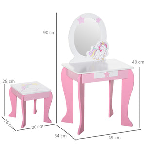 Easycomfort Specchiera Giocattolo Toeletta con Cassetto e Sgabello in Legno, Giochi per Bambine 3-6 Anni Rosa e Bianco