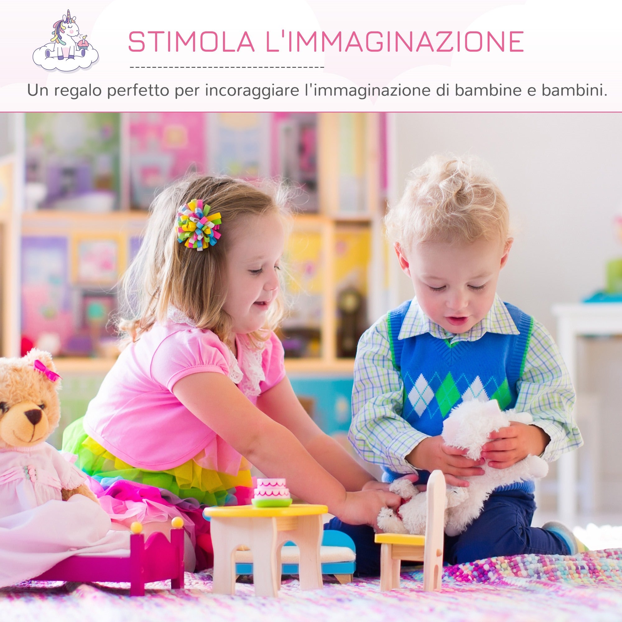 Easycomfort Specchiera Giocattolo Toeletta con Cassetto e Sgabello in Legno, Giochi per Bambine 3-6 Anni Rosa e Bianco