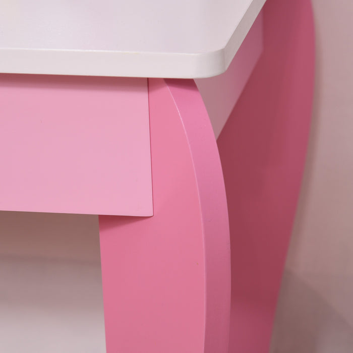 Easycomfort Specchiera Giocattolo Toeletta con Cassetto e Sgabello in Legno, Giochi per Bambine 3-6 Anni Rosa e Bianco