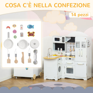 Easycomfort Cucina Giocattolo in Legno per Bambini 3-6 Anni con 14 Accessori, Forno e Lavandino, 82x65x87 cm, Bianco