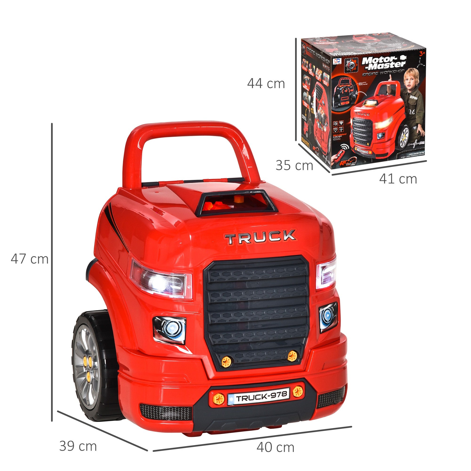 Easycomfort Officina Camion Giocattolo con Motore e 61 Accessori per Bambini 3-5 Anni, Ruote e Maniglia, 40x39x47cm, Rosso