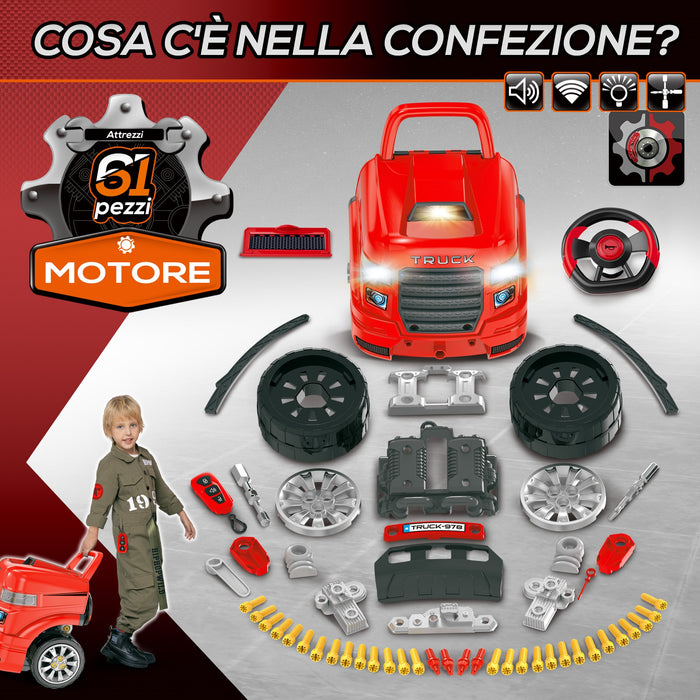 Easycomfort Officina Camion Giocattolo con Motore e 61 Accessori per Bambini 3-5 Anni, Ruote e Maniglia, 40x39x47cm, Rosso