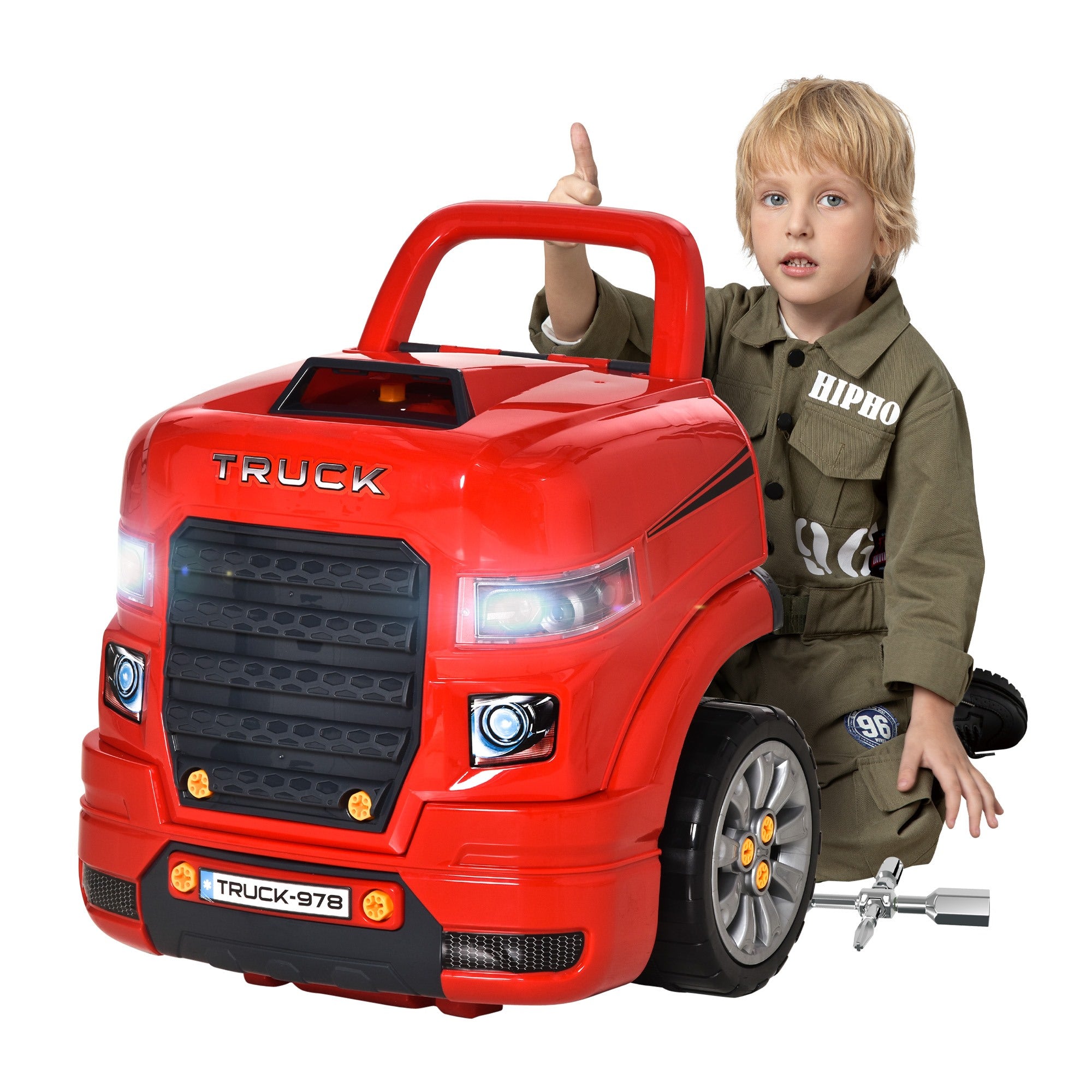 Easycomfort Officina Camion Giocattolo con Motore e 61 Accessori per Bambini 3-5 Anni, Ruote e Maniglia, 40x39x47cm, Rosso