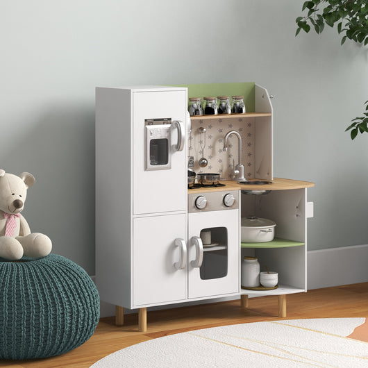 Easycomfort Cucina Giocattolo per Bambini 3-6 Anni con Macchina del Ghiaccio e Utensili, 84x34x89 cm, Bianco e Verde