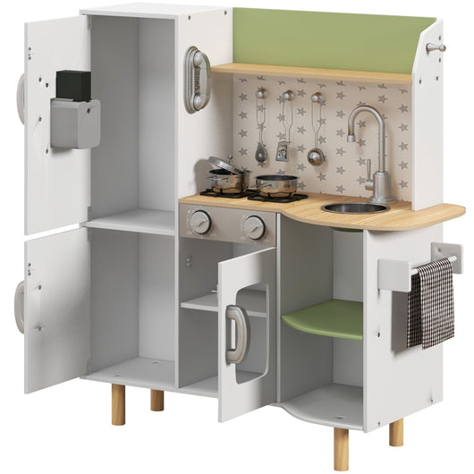 Easycomfort Cucina Giocattolo per Bambini 3-6 Anni con Macchina del Ghiaccio e Utensili, 84x34x89 cm, Bianco e Verde