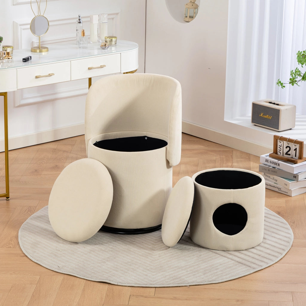 Poltrona girevole 360° con contenitore e pouf per toeletta e sala da pranzo in velluto a coste beige 53×50×47 cm