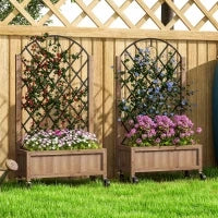 Set da 2 Letti Rialzati con Ruote, Griglia di Supporto, Fioriera a Traliccio in Legno 152x25x97cm Marrone