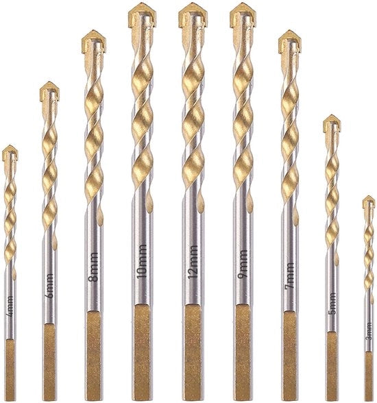 Set di foratura a vetro - Set 9 pezzi - Ø 3-12 mm - Per pavimenti e calcestruzzo - Lega YG8 - Per progetti di fai da te