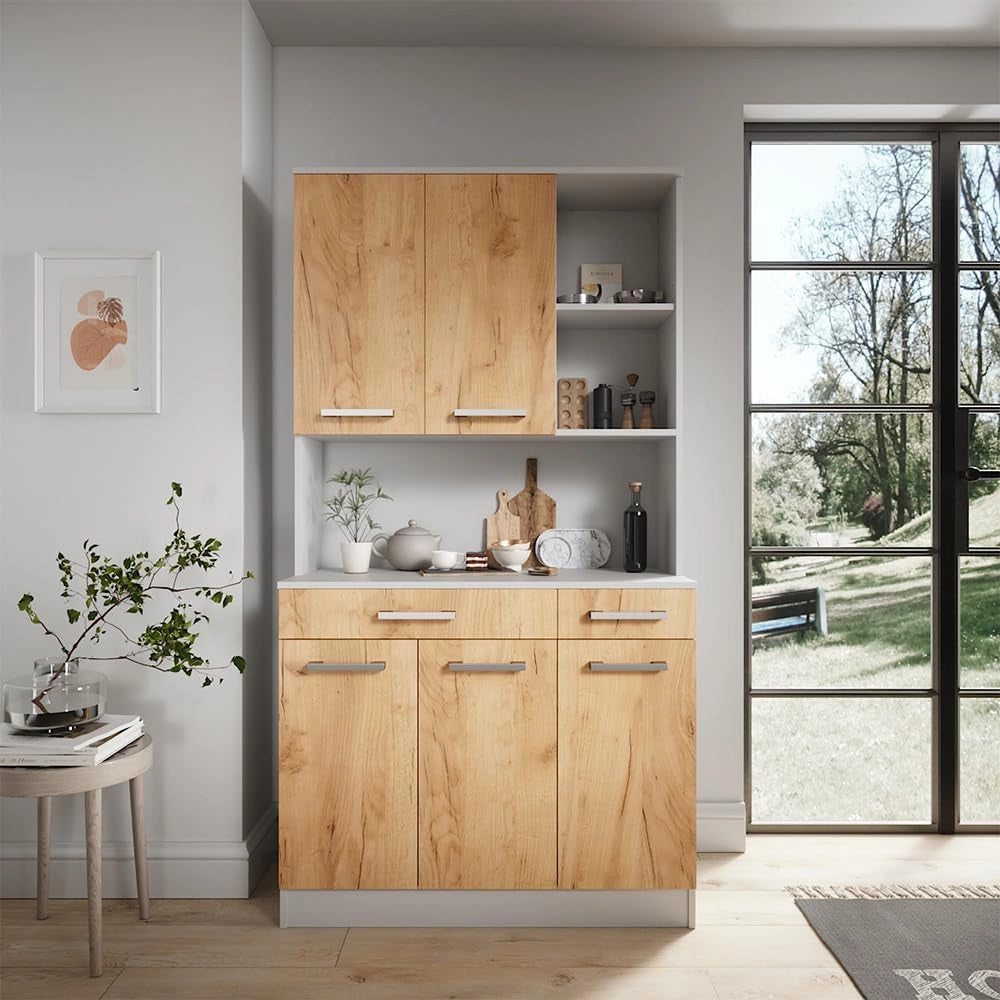 Buffet da cucina Raul, Rovere bianco/dorato, 100.1 x 188.5 cm con 5 porte e 2 cassetti, con ripiano aperto per dispositivi e spazio di archiviazione espandibile
