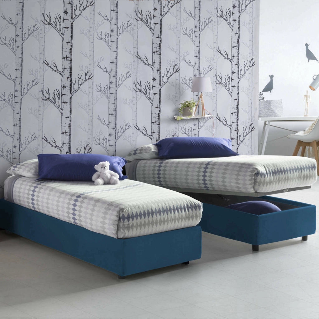 Letto singolo Addison, Letto contenitore con rivestimento in tessuto, Made in Italy, Apertura frontale, con materasso cm 90x190 incluso, Blu