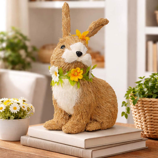 Coniglio pasquale decorativo in rafia naturale beige con collana fiori h30 cm