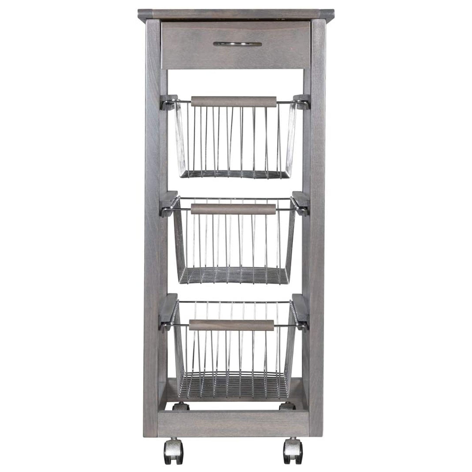 Carrello Cucina SALVASPAZIO in Legno di FAGGIO con CASSETTO E CESTI CONTENITORI 4 Ruote GIREVOLI PORTAPANE PORTAF Grigio