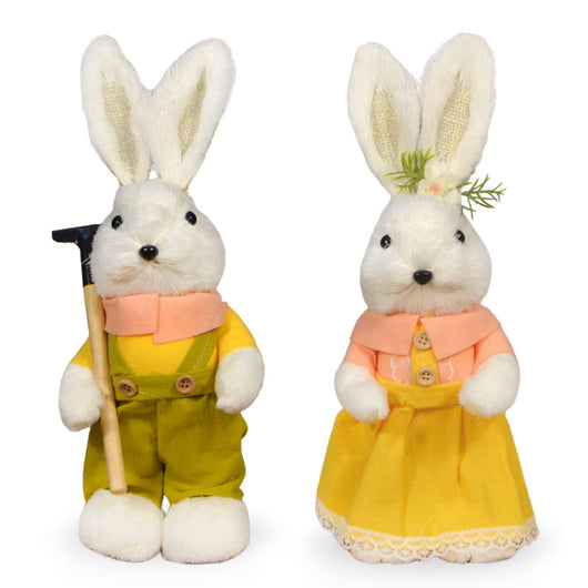 Coppia coniglietti di campagna decorativi vestito giallo con dettagli h 32 cm