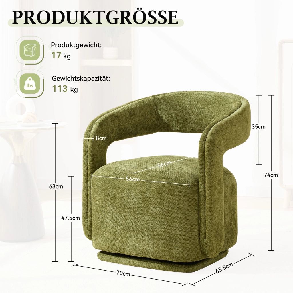 Poltrona girevole 360° in chenille verde, design Barrel Chair