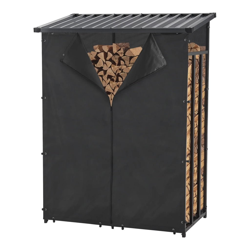 Deposito legna coperto con telo di protezione rastrelliera per legna da ardere portalegna in acciaio coperto 185 x 130 x 70 cm nero 03_0008838