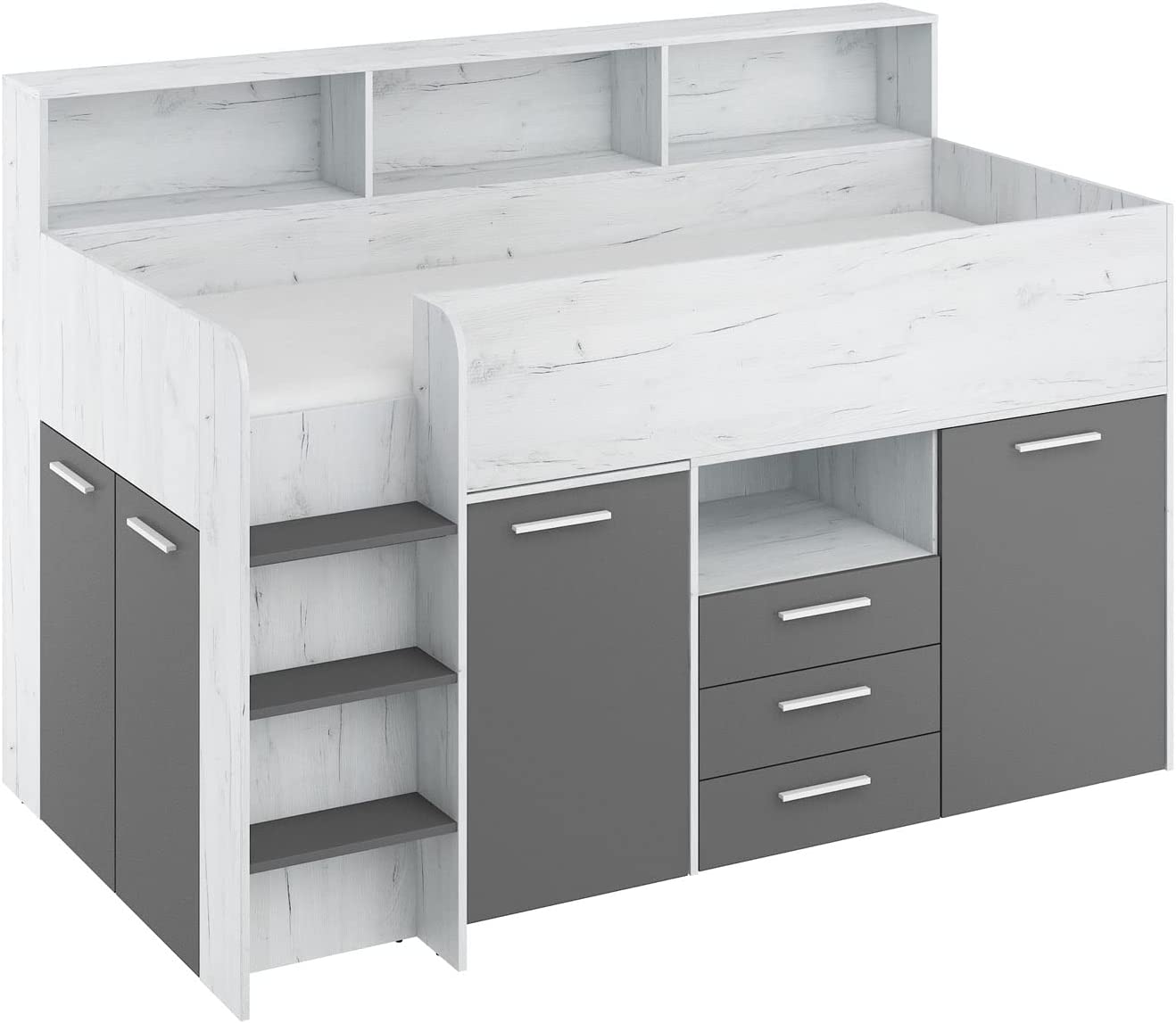 LETTO A CASTELLO SCRIVANIA LIBRERIA BAMBINI NEO L cm206x120x138h BIANCO GRAFITE GREZZO