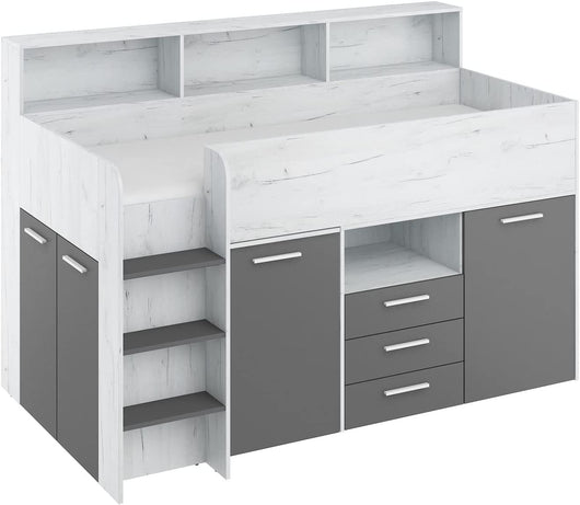 LETTO A CASTELLO SCRIVANIA LIBRERIA BAMBINI NEO L cm206x120x138h BIANCO GRAFITE GREZZO