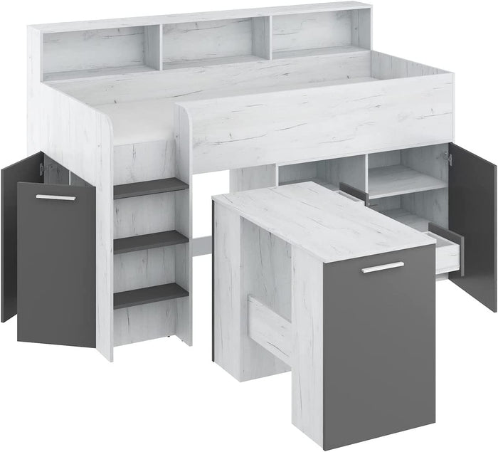 LETTO A CASTELLO SCRIVANIA LIBRERIA BAMBINI NEO L cm206x120x138h BIANCO GRAFITE GREZZO