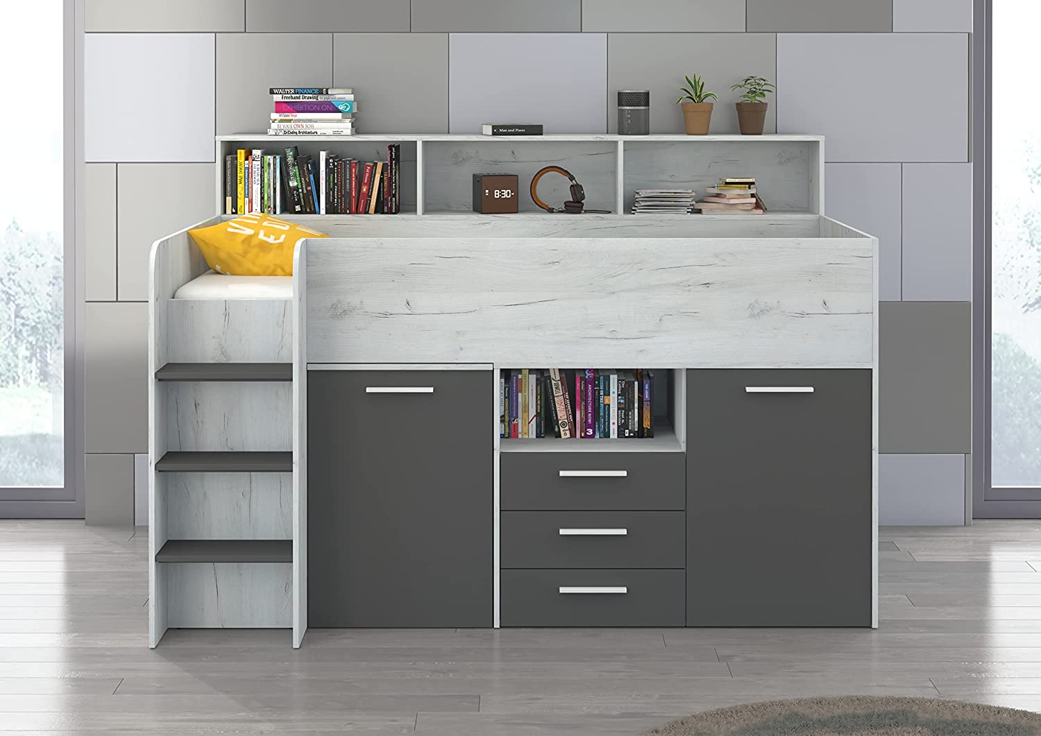 LETTO A CASTELLO SCRIVANIA LIBRERIA BAMBINI NEO L cm206x120x138h BIANCO GRAFITE GREZZO