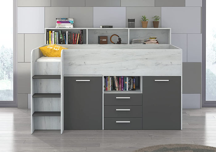 LETTO A CASTELLO SCRIVANIA LIBRERIA BAMBINI NEO L cm206x120x138h BIANCO GRAFITE GREZZO