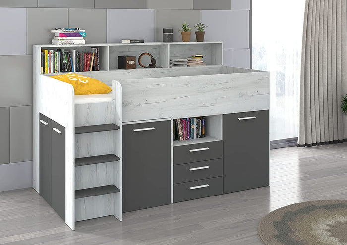 LETTO A CASTELLO SCRIVANIA LIBRERIA BAMBINI NEO L cm206x120x138h BIANCO GRAFITE GREZZO