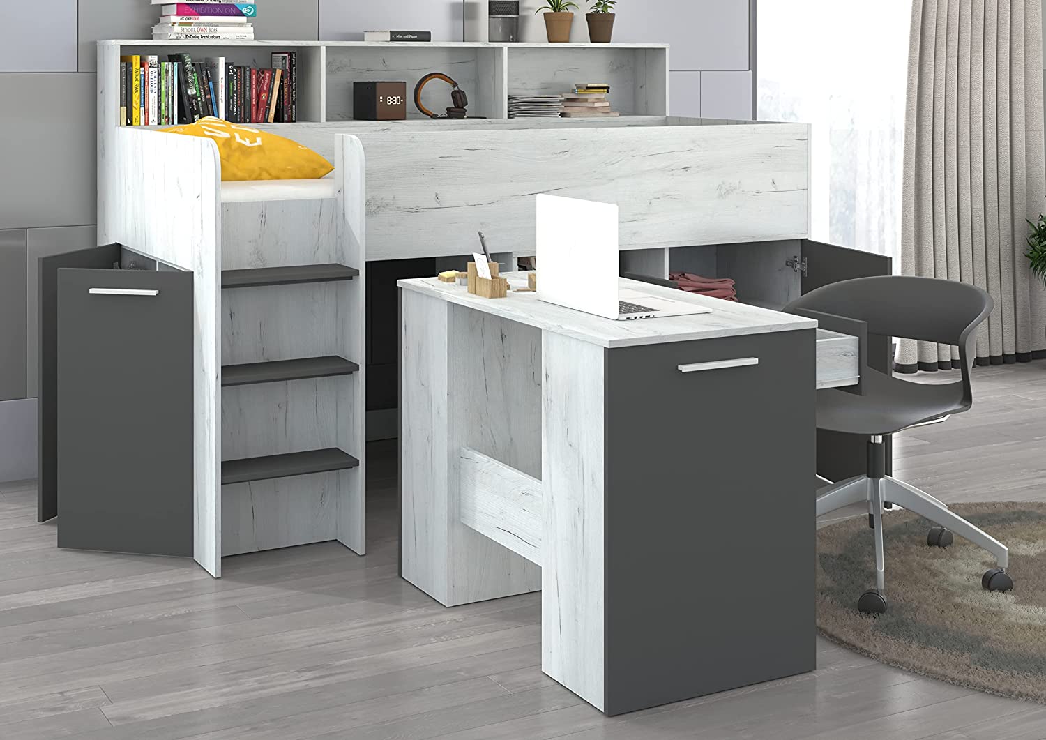 LETTO A CASTELLO SCRIVANIA LIBRERIA BAMBINI NEO L cm206x120x138h BIANCO GRAFITE GREZZO