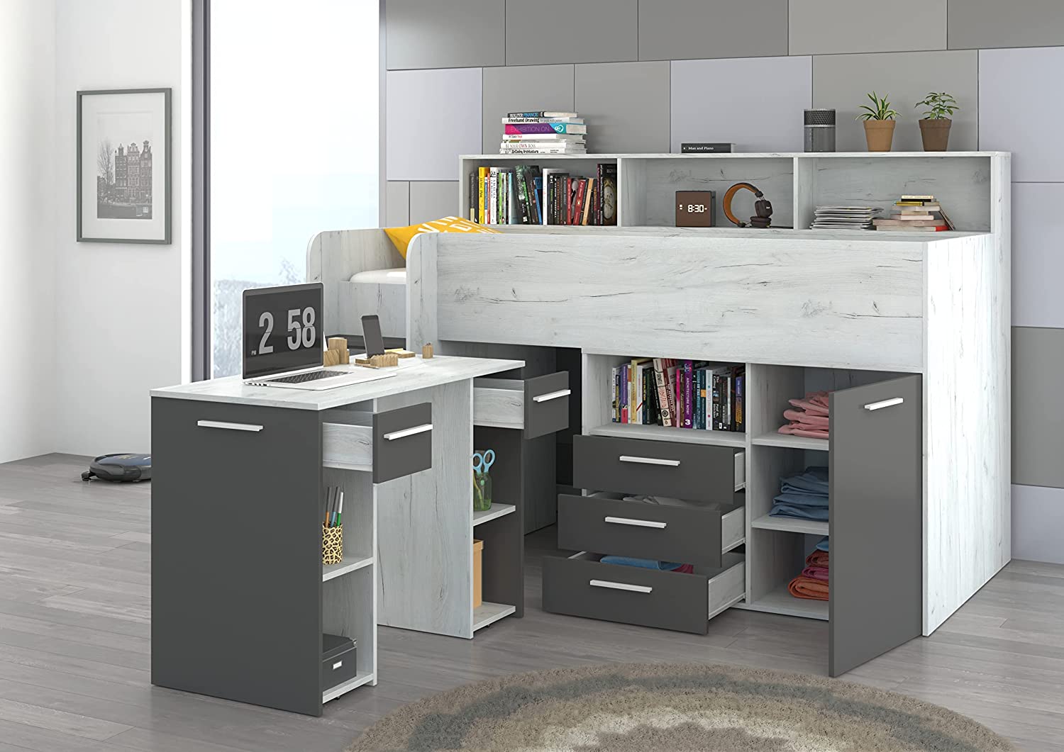 LETTO A CASTELLO SCRIVANIA LIBRERIA BAMBINI NEO L cm206x120x138h BIANCO GRAFITE GREZZO