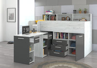 LETTO A CASTELLO SCRIVANIA LIBRERIA BAMBINI NEO L cm206x120x138h BIANCO GRAFITE GREZZO