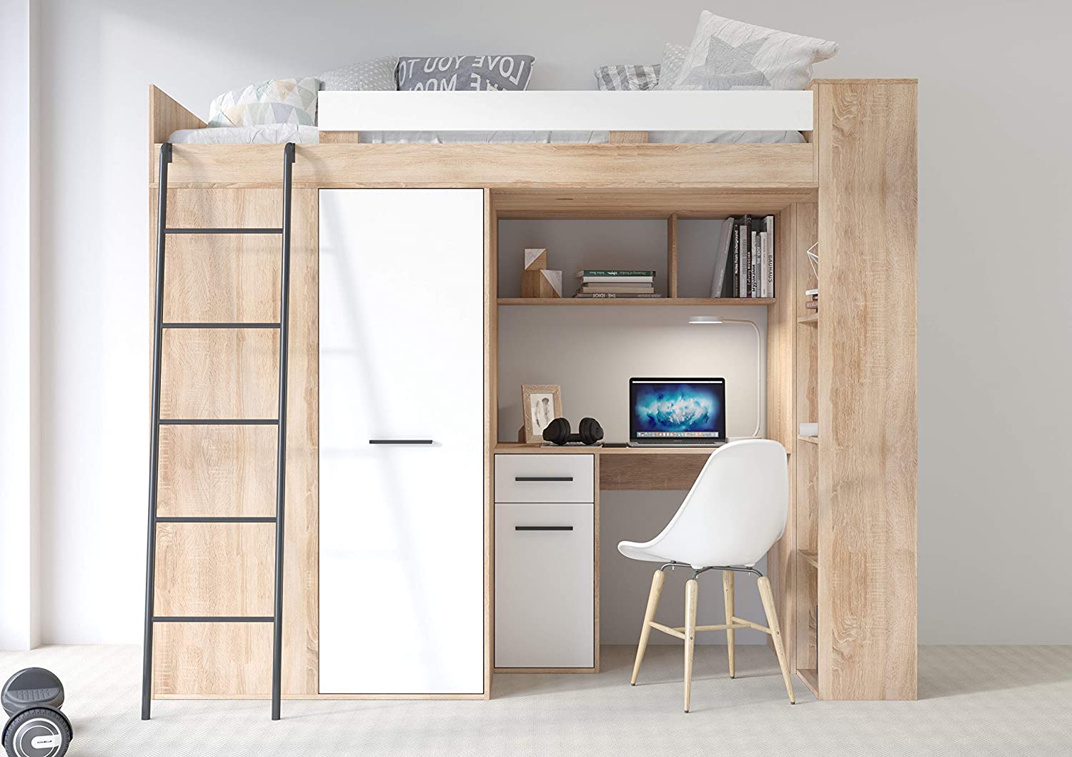 MOBILE LETTO SOPPALCO SCALETTA BAMBINI VERANA L cm h190x120x236 ROVERE BIANCO