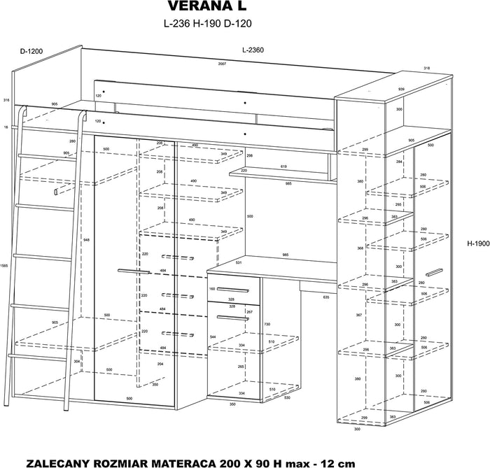 MOBILE LETTO SOPPALCO SCALETTA BAMBINI VERANA L cm h190x120x236 ROVERE BIANCO