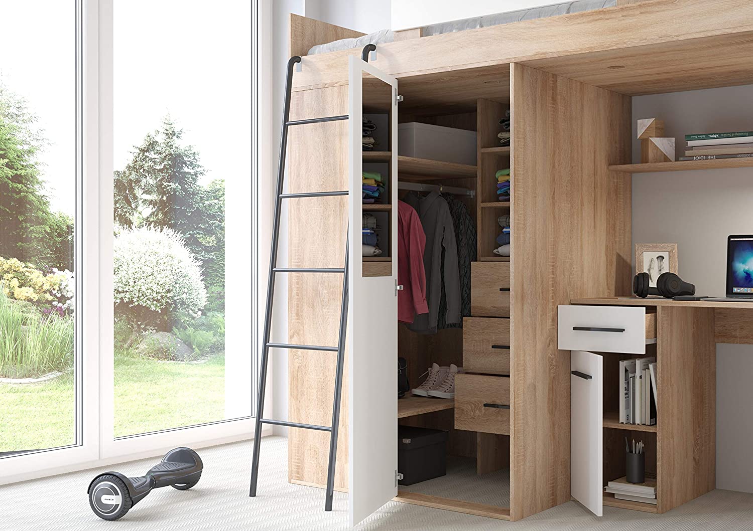 MOBILE LETTO SOPPALCO SCALETTA BAMBINI VERANA L cm h190x120x236 ROVERE BIANCO