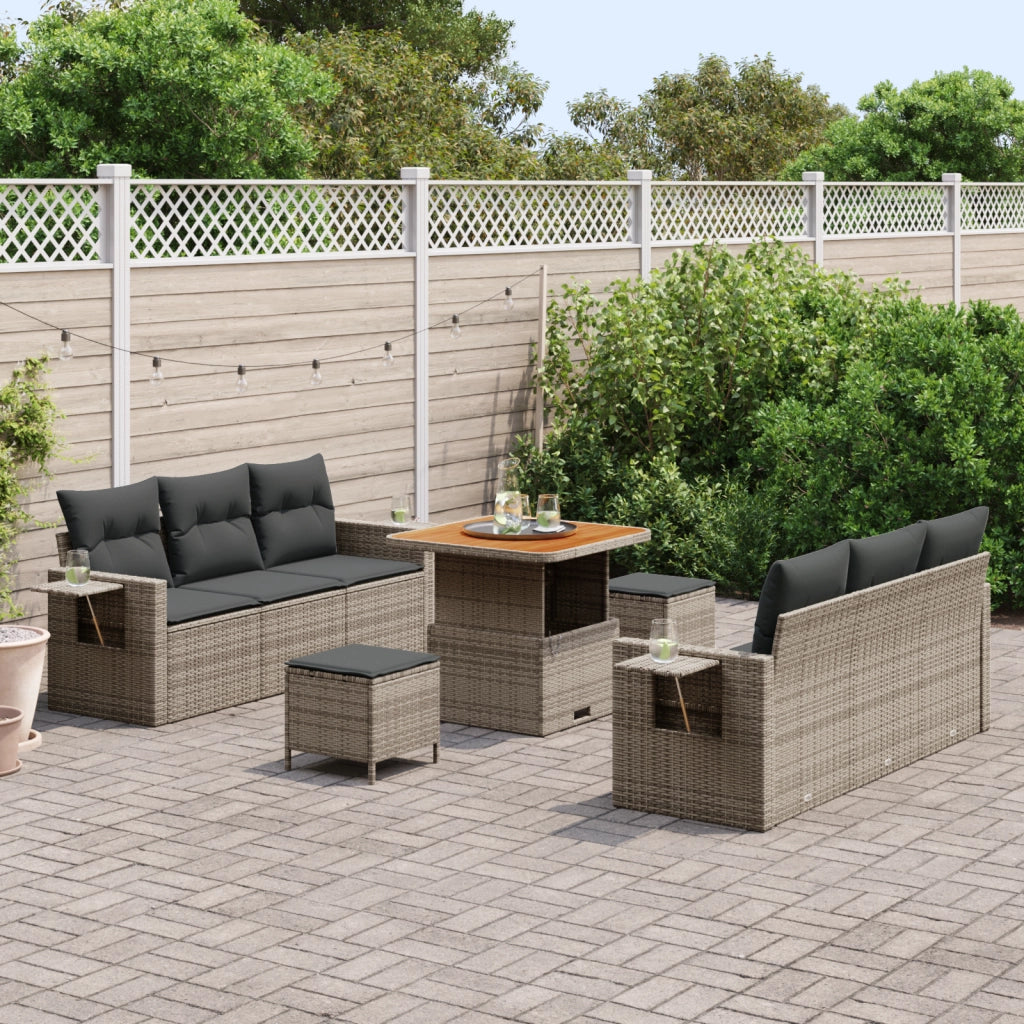 Set Divano Giardino 9 Pezzi con Cuscini Grigio Polyrattan Acacia