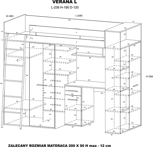 MOBILE LETTO SOPPALCO SCALETTA BAMBINI VERANA L cm h190x120x236 ROVERE CELESTE