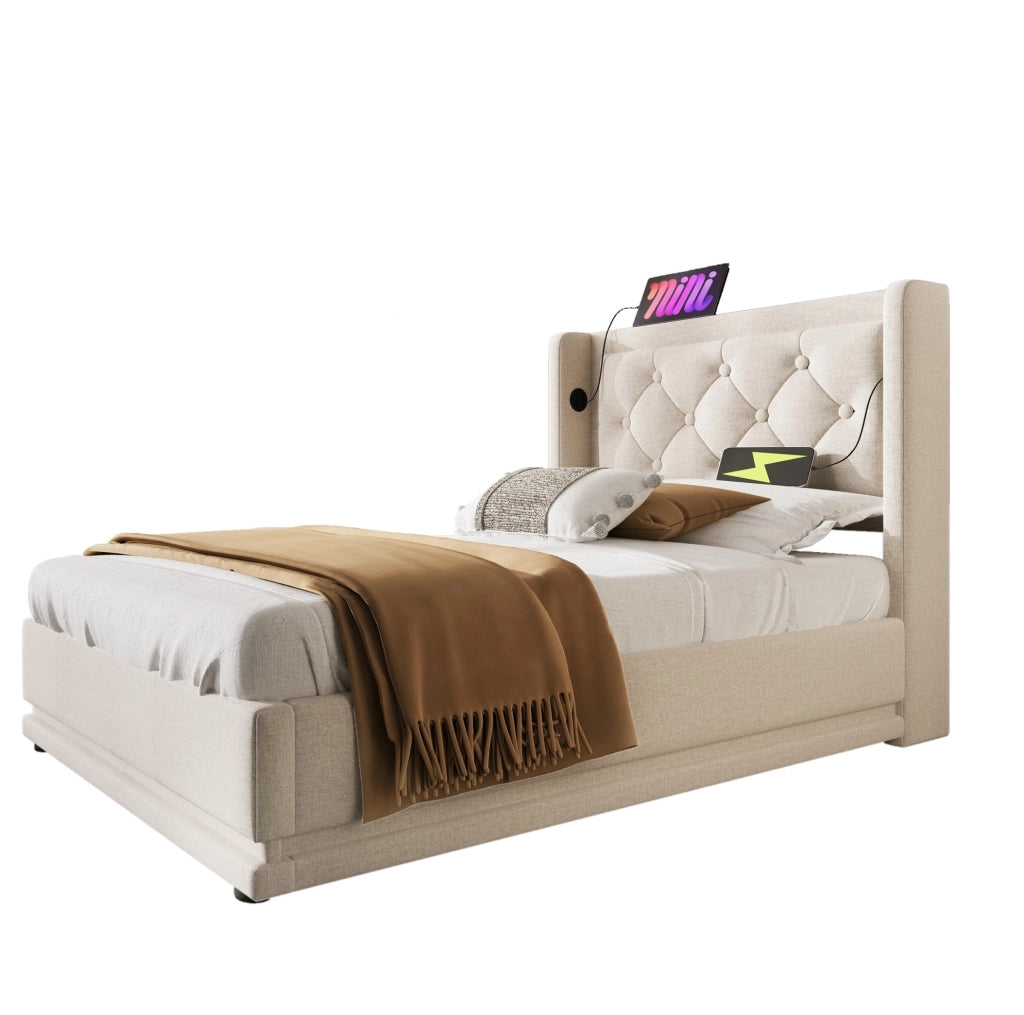 Letto 90x200 cm con contenitore idraulico, LED, USB e USB-C in cotone beige