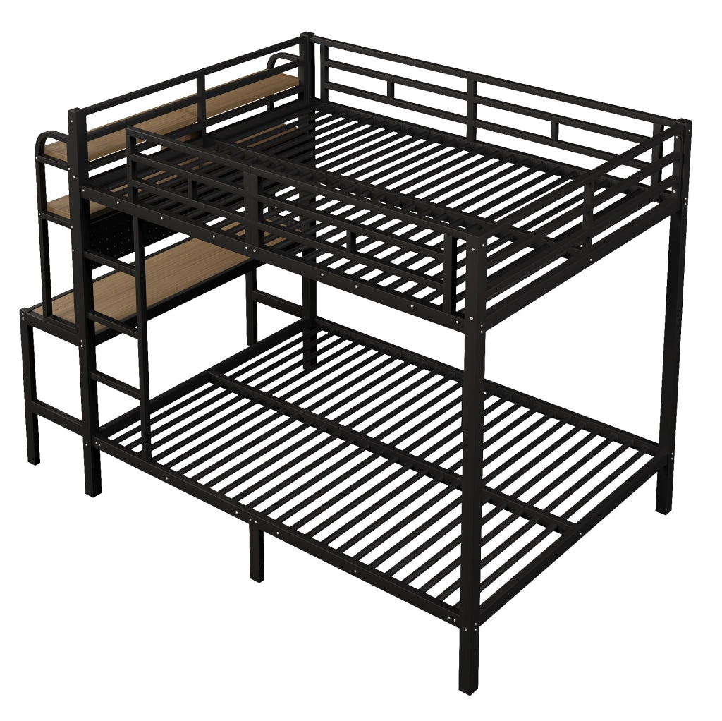 Letto a castello 140x200 cm in metallo e MDF; con scrivania; ripiani; LED e USB; nero