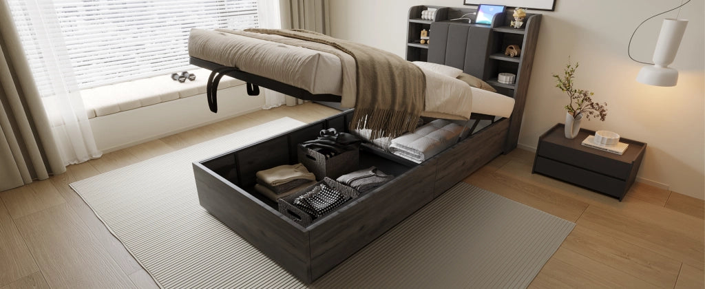 DESMIU Letto singolo 90 × 200 cm con contenitore idraulico, USB e Type-C, testiera con vani, senza materasso, in MDF, grigio